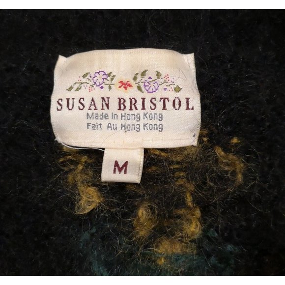 VTG SUSAN BRISTOL MOHAIR BLEND CARDIGAN M WOMAN BUTTON FLORAL BLACK  COZY - Picture 3 of 9